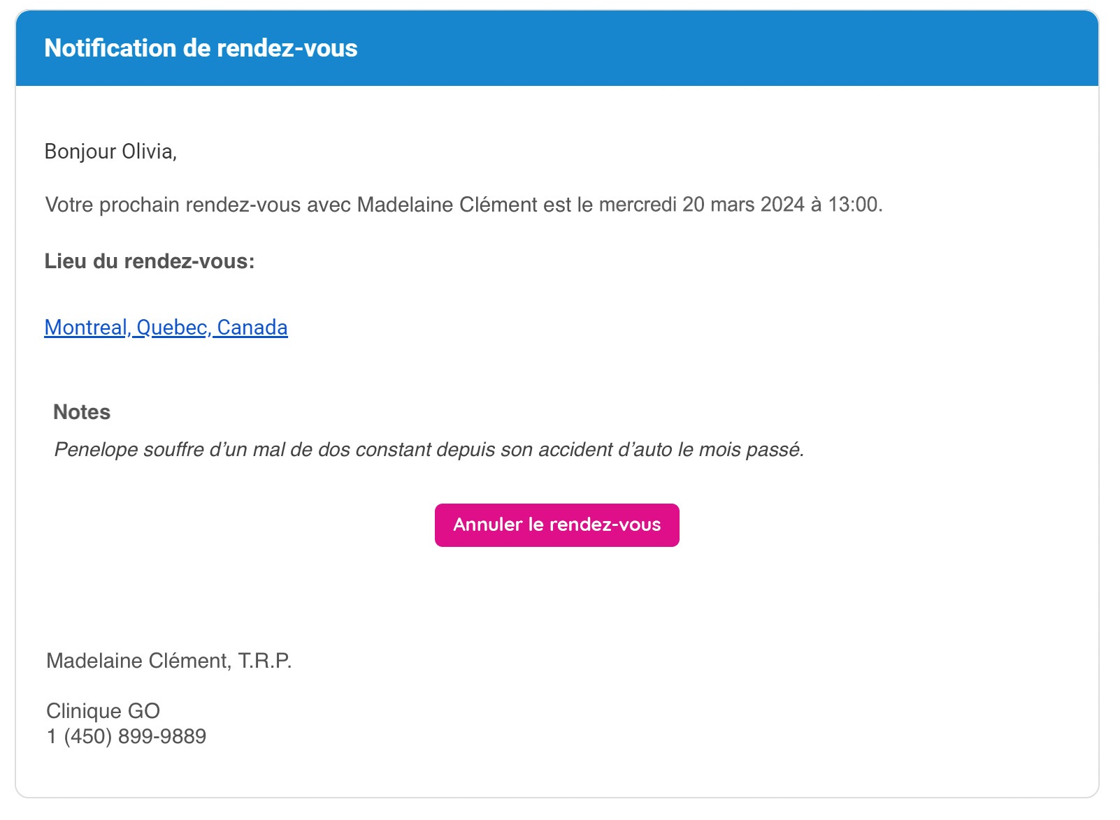 L'email de confirmation reçu par un client après la prise de rendez-vous sur GOrendezvous