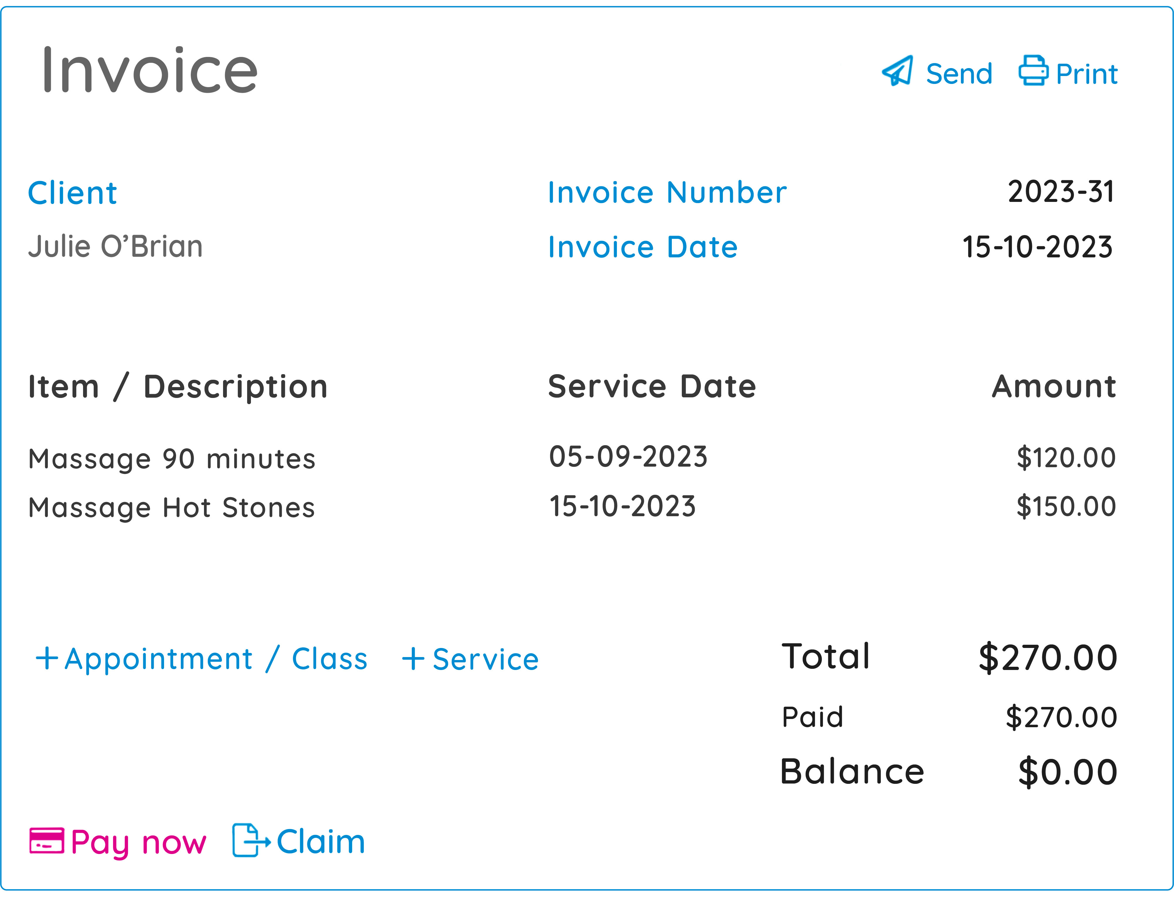 A GOrendezvous invoice for services rendered by a massage therapist